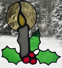 Stained Glass Christmas Candle Holly Berry Suncatcher Window Hanging