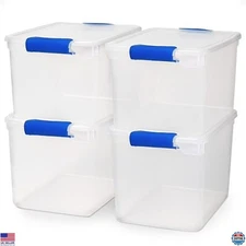 HOMZ 31 Quart Clear Plastic Storage Bins - 4-Pack, Stackable with Blue Lids