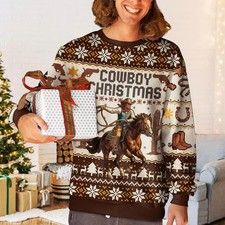Cowboy Christmas Ugly Sweater Western Rodeo Holiday Beige Pullover