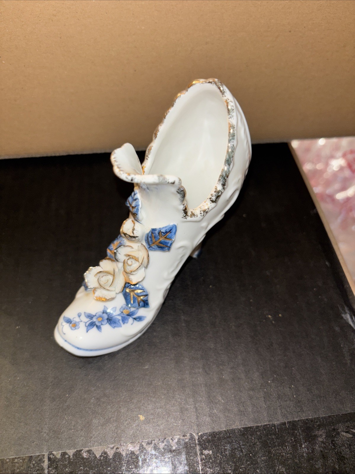Vintage Brinn’s Porcelain Shoe Boot Floral White Blue Gold Trimmed
