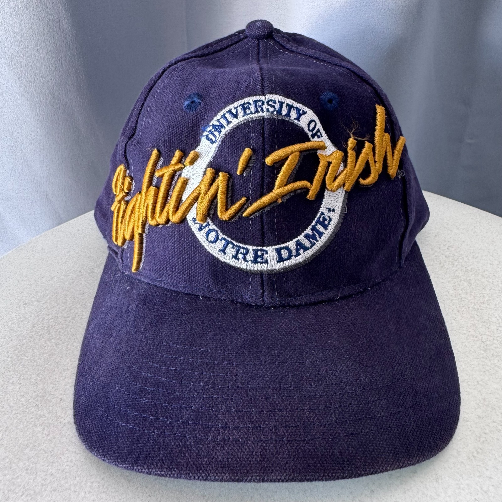 Vintage 90s Notre Dame Embroidered Script Fighting Irish Hat Cap Blue Snapback