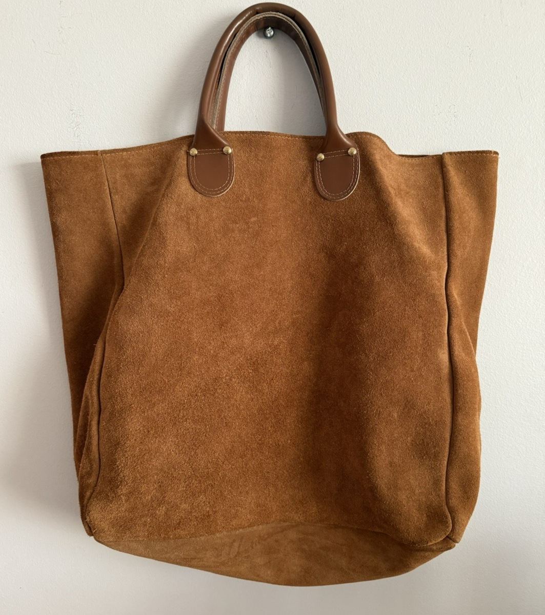Vintage Brookstone Brown Suede Tote Bag Leather Handles Made in