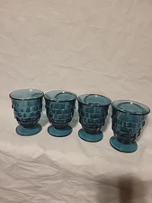 Vintage Indiana Glass Whitehall Footed Tumbler Colony Cubist 1960s Riviera Blue
