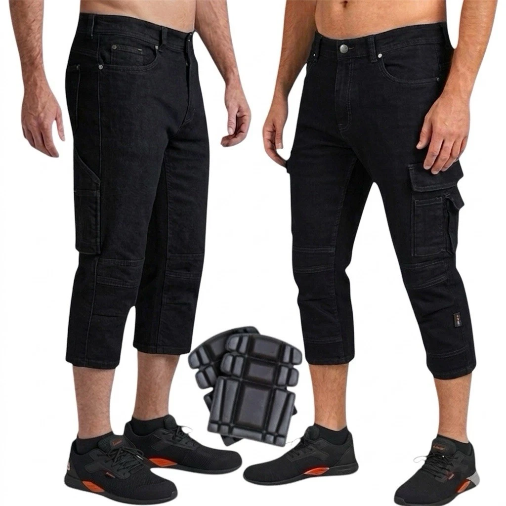Mens Cargo Combat Work Shorts Three Quarters Stretch Denim Pants Black 3/4 Jeans