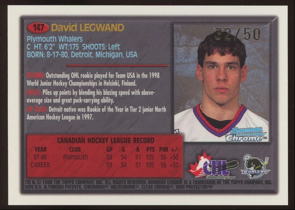 David Legwand #147 1998-99 Bowman Chrome CHL Golden Anniversary Rookie SP /50 - Image 2 of 3