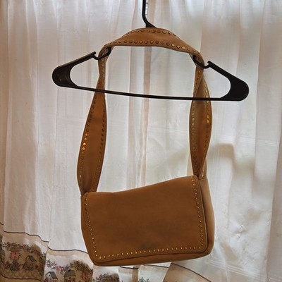 Nine West Women s Tan Studded Shoulder Bag Zip Magnetic, Gold Hrdware Soft Suede