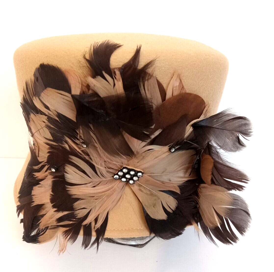 Ellie Fine Wool Hat for Women in Beige with Brown Feather Rhinestone Embellishment  