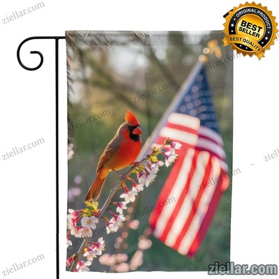 Red Cardinal with American Flag Patriotic Rustic Home Garden Decor Gift