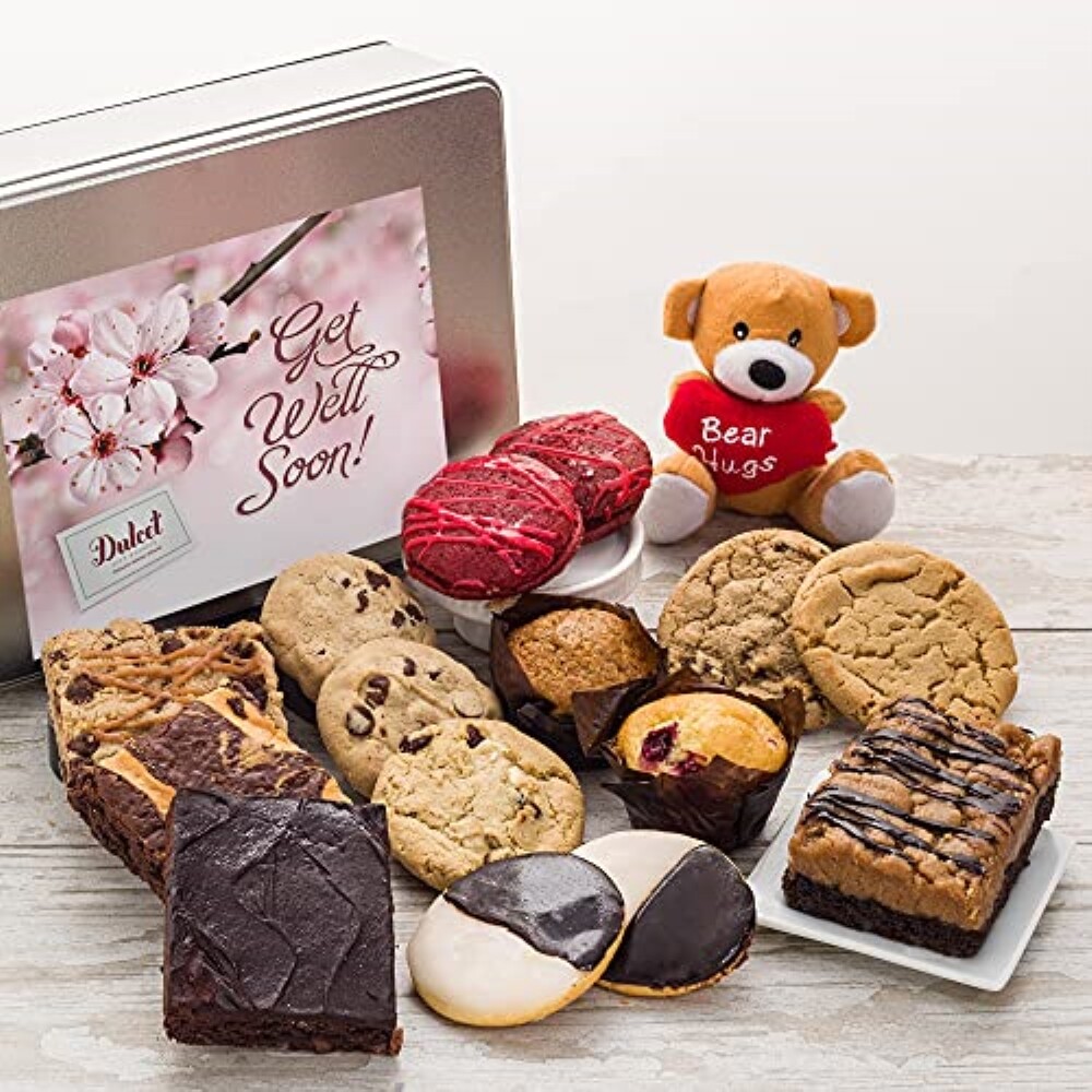 Gourmet get well soon gift box with teddy bear by dulcet gift baskets tin box