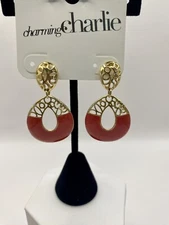 Charming Charlie 1 1/2” Gold Tone & Coral Pink Dangle/Drop Earrings-NWT 