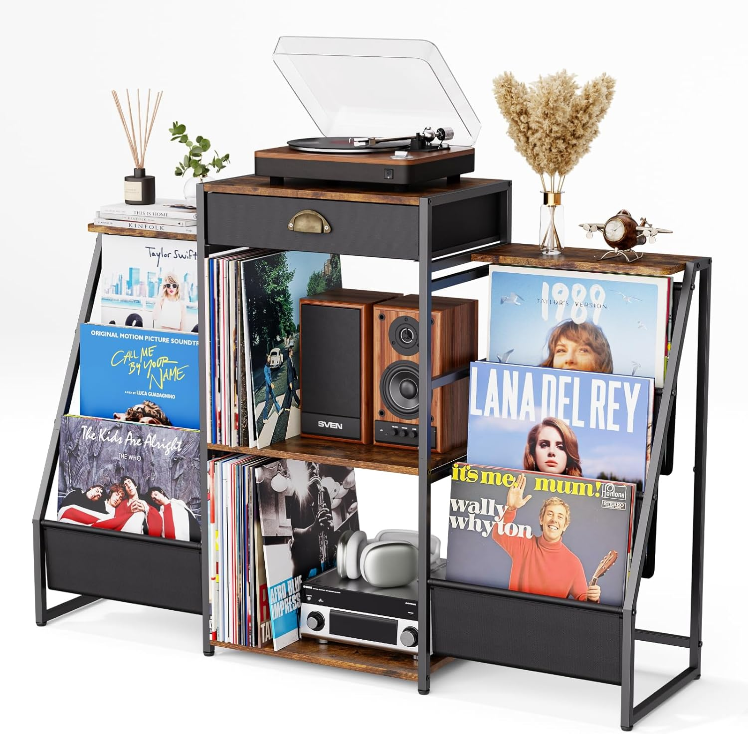 Vintage Record Player Stand with 6-Bin Vinyl Storage and Holder-image
