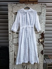 Vtg Edwardian White Cotton Bridal Dress W 28  Semi Sheer 3/4 Sleeve Embroidered