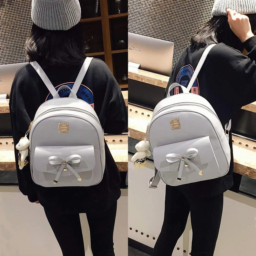 Mini Leather Backpack Purse 3 Pieces Set Bowknot Small Backpack Cute Casual  Travel Daypacks for Girls Women White