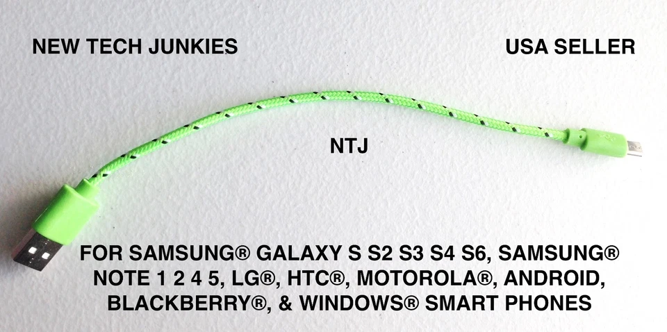 SHORT 8" Braided MICRO USB power cord Charger Cable for Galaxy s3 s4 s6 s6+ s7 - Image 3 of 4