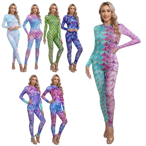 Women Mermaid Fish Scales Printing Full Bodysuit Surfing Jumpsuits Rompers - Picture 7 of 99