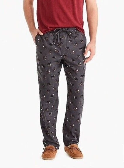 J CREW Pajama Pants L DOG ST BERNARD Cotton Flannel Grey Pockets Fly Lounge NWT
