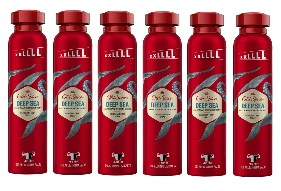 6 x 250ml Old Spice Deep Sea Deodorant Body Spray For Men, 48H, 0% Aluminium