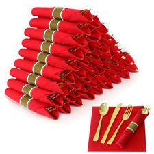 50 Pack Pre Rolled Gold Plastic Silverware Set,Wrapped Plastic Cutlery Set wi...