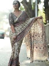Semi Model Silk Ajrakh Print Saree Real Mirror Work Pallu Tassel Pompom Blouse