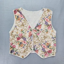 Floral Knit Vest Embroidered Hem Button Cottage Granny Core