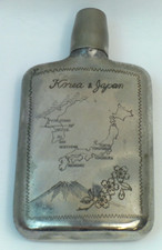 Vintage Memory of Japan & Korea Etched Silver Plated Map Flask