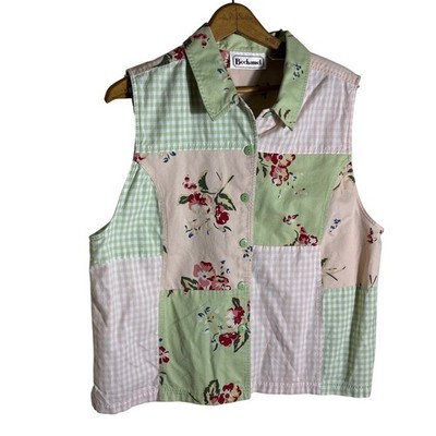 Bechamel Vintage Patchwork Vest Womens Large Pink Green Floral Gingham Cotton