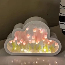 DIY Cloud Tulip Mirror Night Light, Simulation Flower Bedroom Cloud Tulip