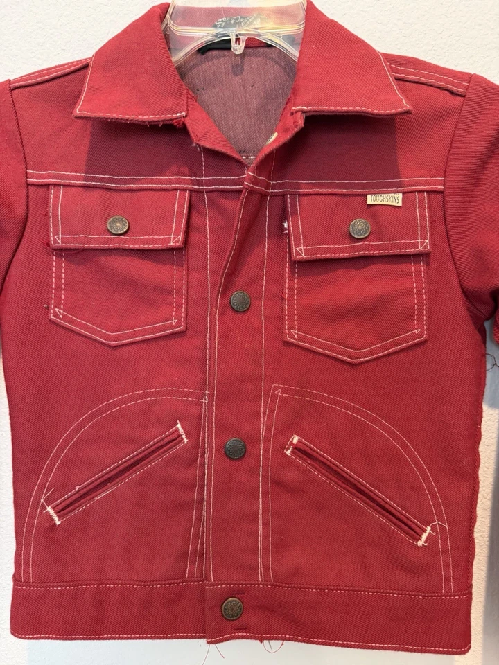 Vintage 70s Sears Toughskins Red Denim Trucker Jacket Boy’s Kid Size 10 Snaps - Image 2 of 4