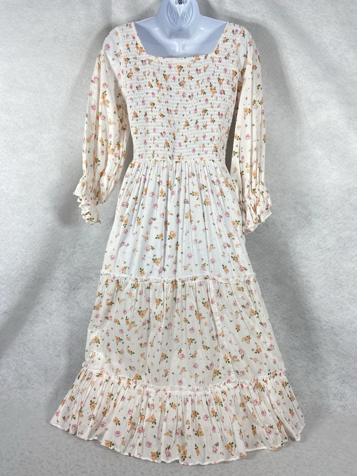 Jessakae Dress Women’s Small White Orange Tiered Long Sleeves Smocked Floral - Image 4 of 4