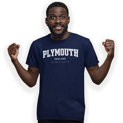 Plymouth Varsity Style Druck mit Koordinaten handbedrucktes T-Shirt Größe S - 5XL