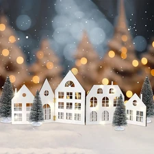 Wooden Christmas Village Set with LED Light String White Christmas Village House