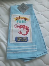 Kitchen Dish Hand Tea Towel Blue 18X28 Shrimp Fest Country Boil Cotton Seafood