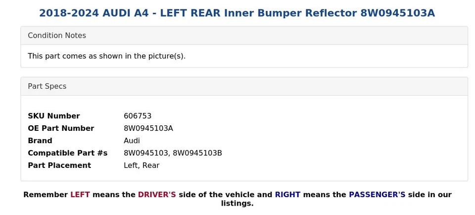 2018-2024 AUDI A4 - LEFT REAR Inner Bumper Reflector 8W0945103A - Image 4 of 4