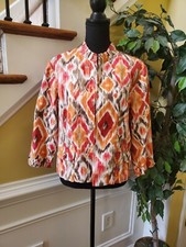 Chico's Womens Cardigan Linen Blend Open Front Blazer Ikat Floral 2 Size 12