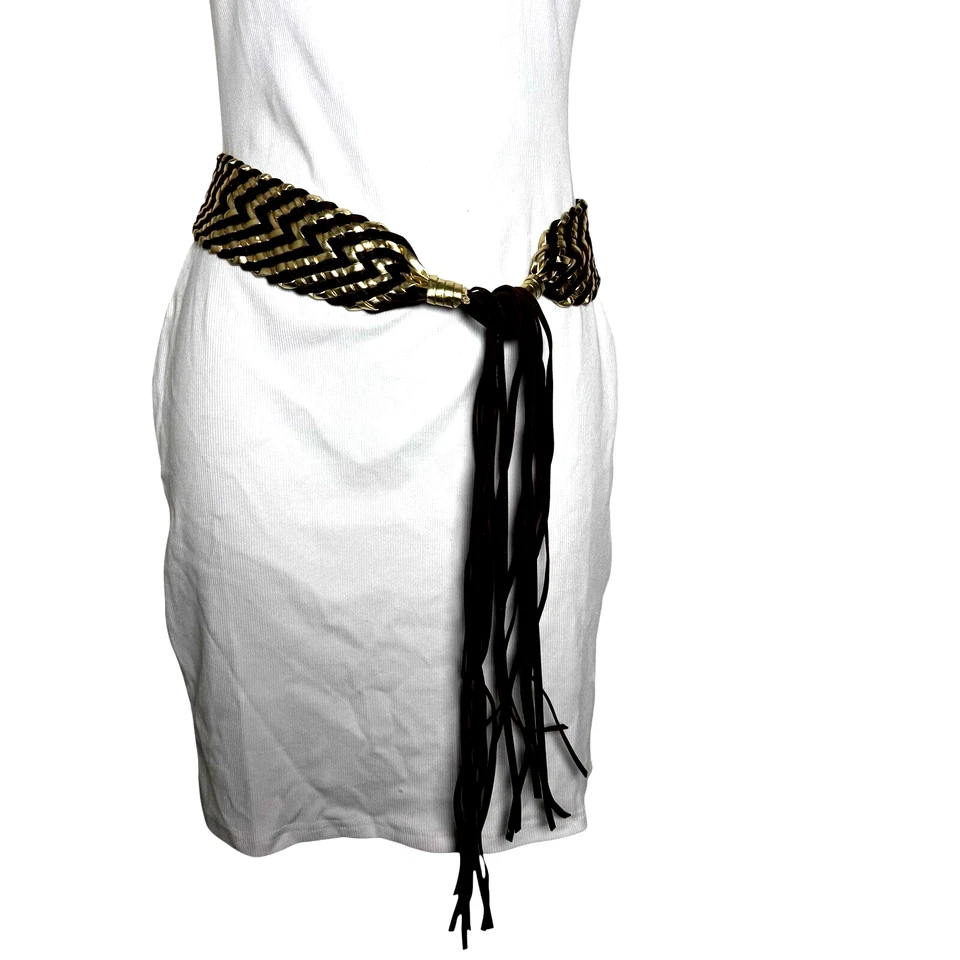 Cinturón ancho vintage Y2K dorado y marrón llamativo gamuza flecos lazos cerrados talla única Foto 3 de 3