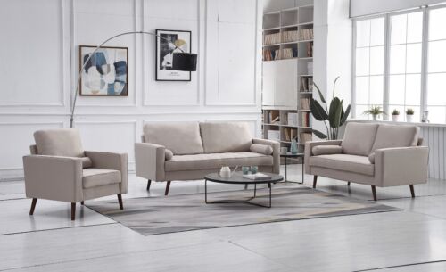 Beige Linen Upholstered 3 Pc Stationary Living Room Set with Arm Pillows