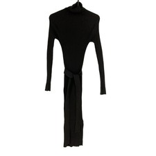 Mango MNG Women Black Stretch Ribbed Belted Turtle Neck Dress Size S