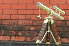 Nautical Brass Marine Mini Double Barrel Telescope With Wooden Tripod Stand Gift