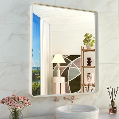 36x30 Inch White Bathroom Mirror with Rounded Rectangle Metal Frame