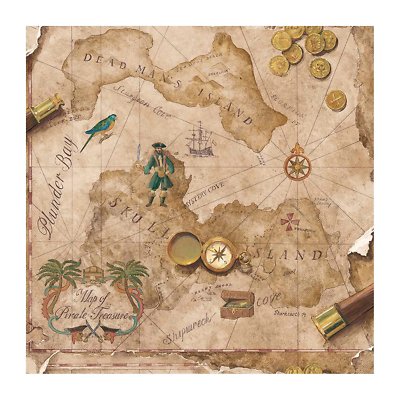 Pirate / Pirates Treasure Chest Map on Light Brown Sure Strip Wallpaper BT2817