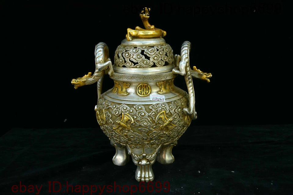 Antiguo Palacio de la Dinastía China Plata Dorado Auspicioso Murciélago Dragón Quemador de Incienso Censario Foto 2 de 4