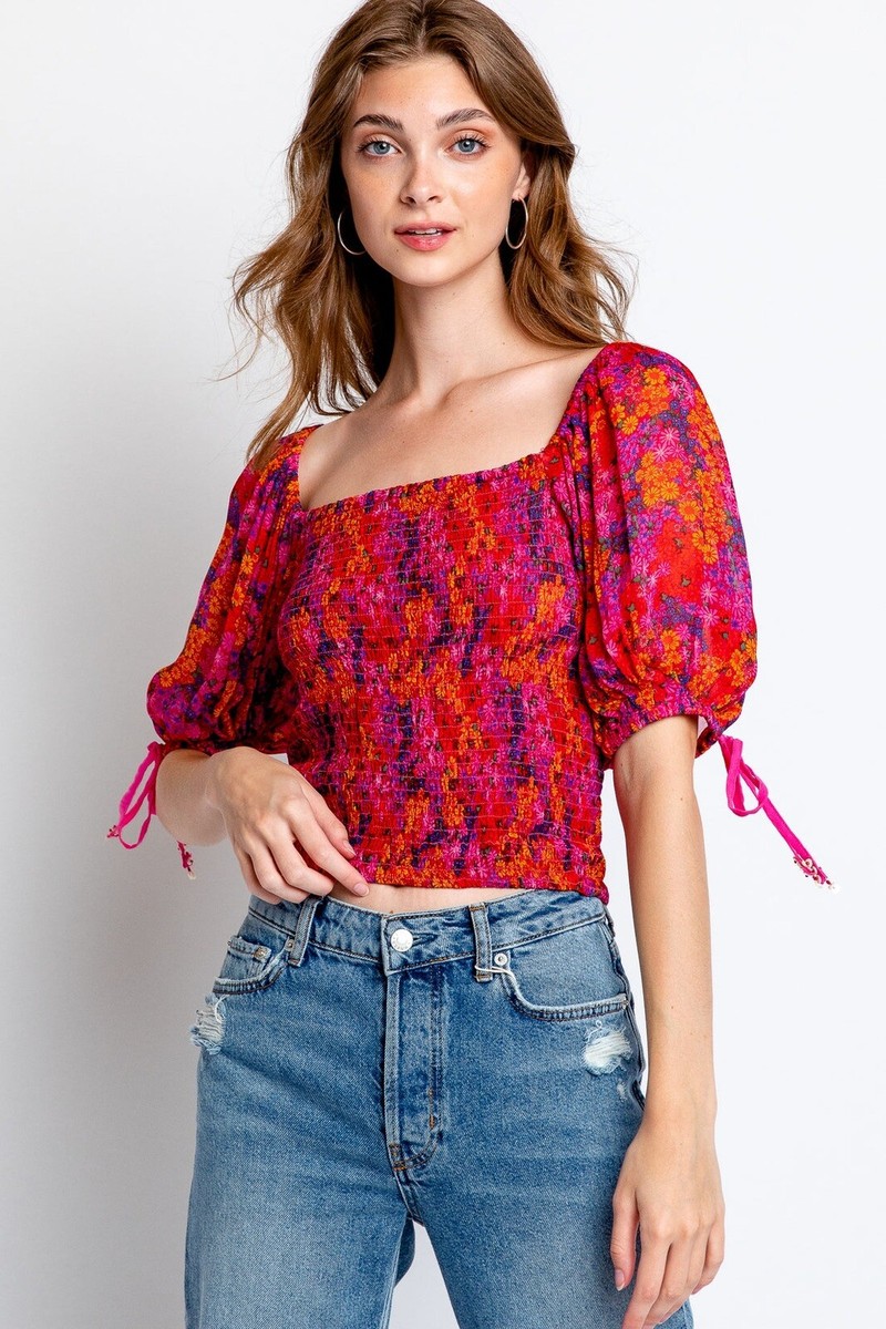 フリーピープル Free People Back オン Top Crop レディース シャツ トップス Hot Pink Combo Free People Back On Top Hot Pink Floral Print Smocked Blouse