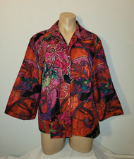 Chicos 3 XL 16-18 Red Floral Artsy Open Front 3/4 Sleeve Cotton Silk Jacket