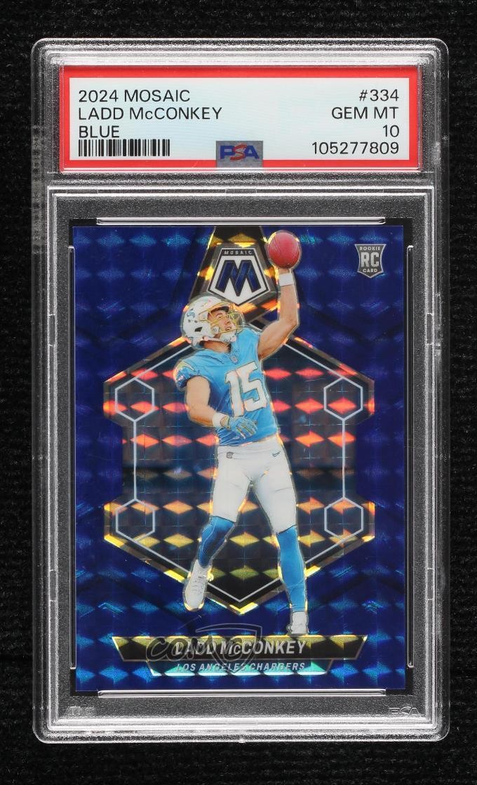 2024 Panini Mosaic Rookies Blue Prizm 55/99 Ladd McConkey #334 PSA 10 GEM MT v9t