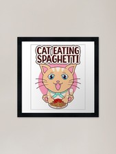 cat eating spaghetti, cute funny ca Framed Wall Art Poster Canvas Print Picture