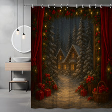 Christmas Shower Curtain with Cozy Cabin and Snowy Trees