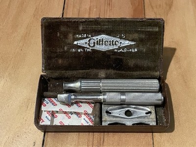 Vintage Gillette Old Type Safety Razor Set w/ Case   Incomplete   Parts/Repair