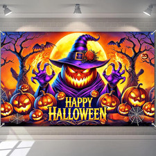 Halloween Banner 71x43 Inches Spooky Pumpkin Witch Decor Horror Party Backdrop H
