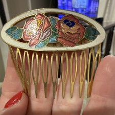 Gold Tone Metal Enamel Floral Hair Comb Pink Roses, Green Blue Accents