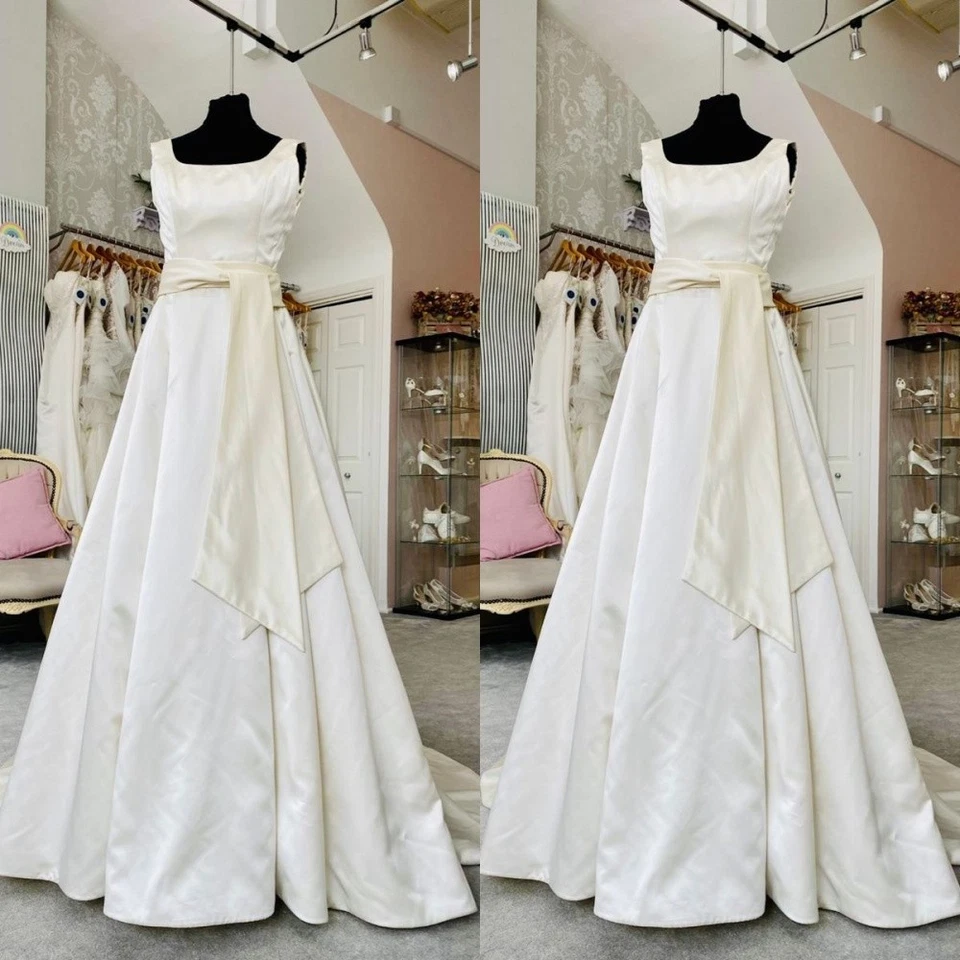 Wedding Dresses with Belt Square Neck Off Shoulder White Ivory Satin Bridal Gown - Image 2 of 4